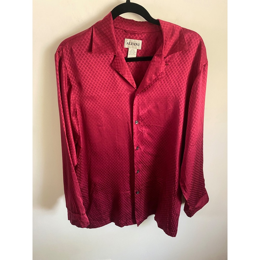 Alfani Mens Small Red 100% Silk Geometric Jacquard Long Sleeve Button Up Shirt